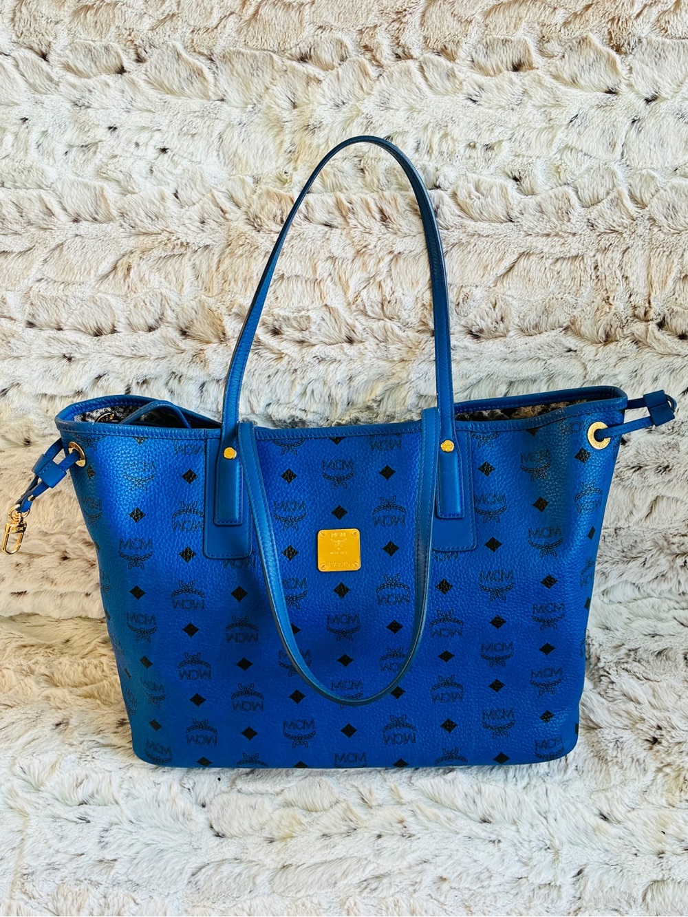 MCM Blue Logo Print Shopper Tote with Gold Plaque